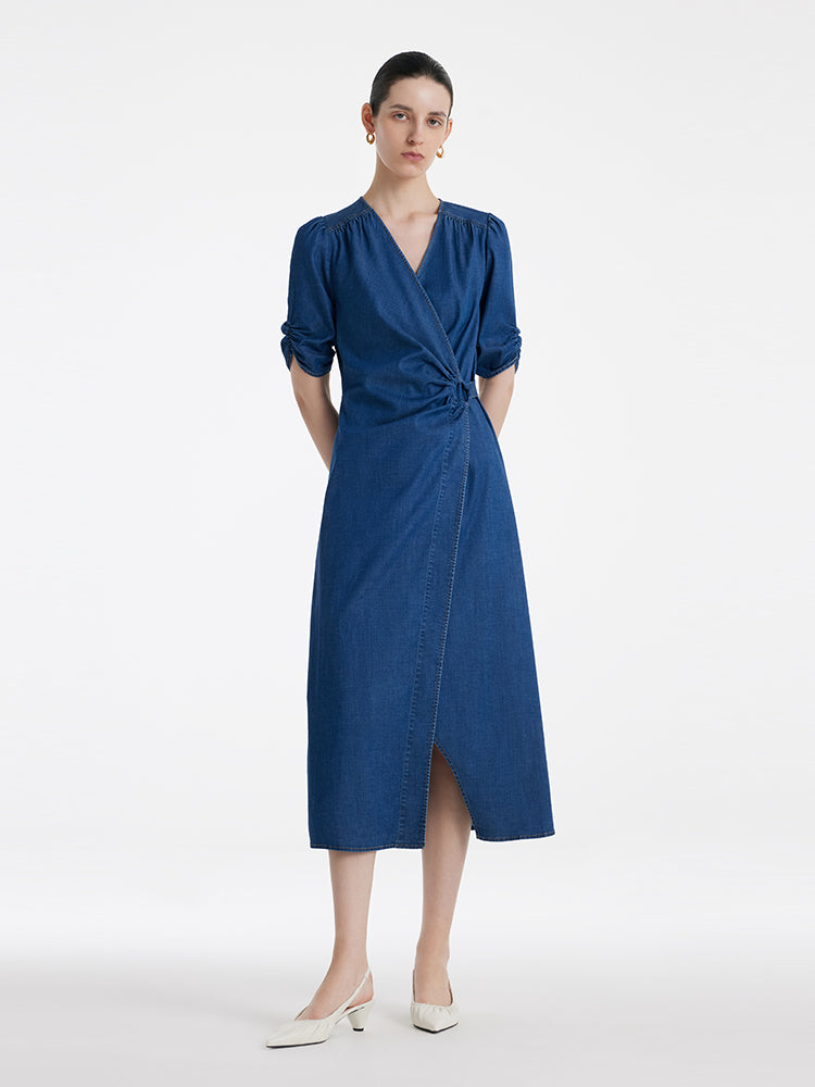 Denim V Yaka Büküm Bel Kadın Midi Elbise