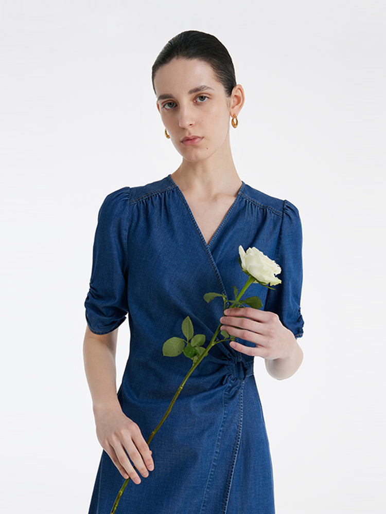 Denim V Yaka Büküm Bel Kadın Midi Elbise