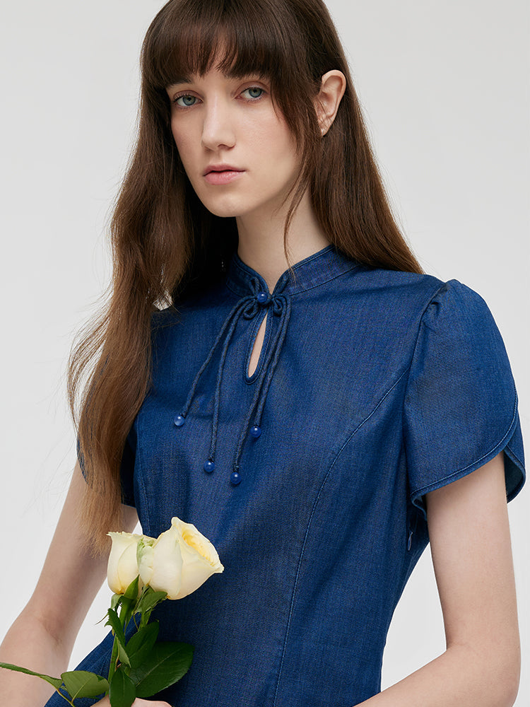Denim Petal Kollu Kadın Qipao Mini Elbise