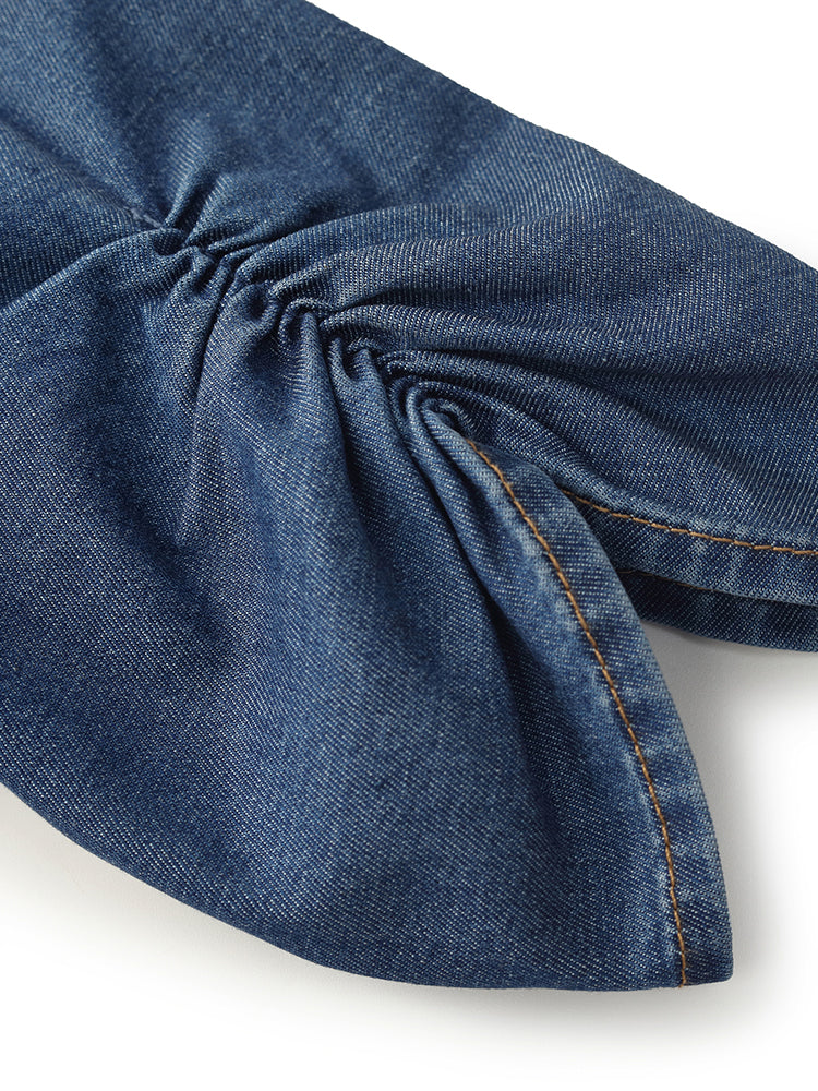 Denim V Yaka Büküm Bel Kadın Midi Elbise