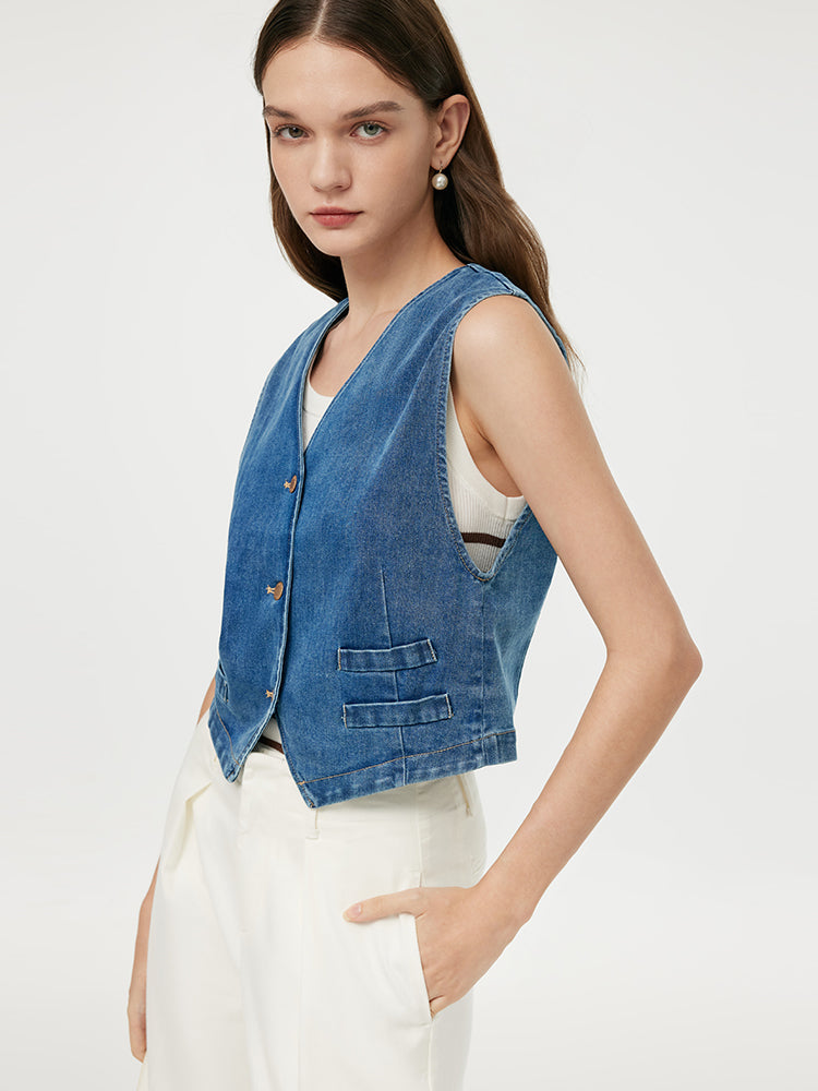 Tek Göğüslü Kadın Denim Crop Yelek