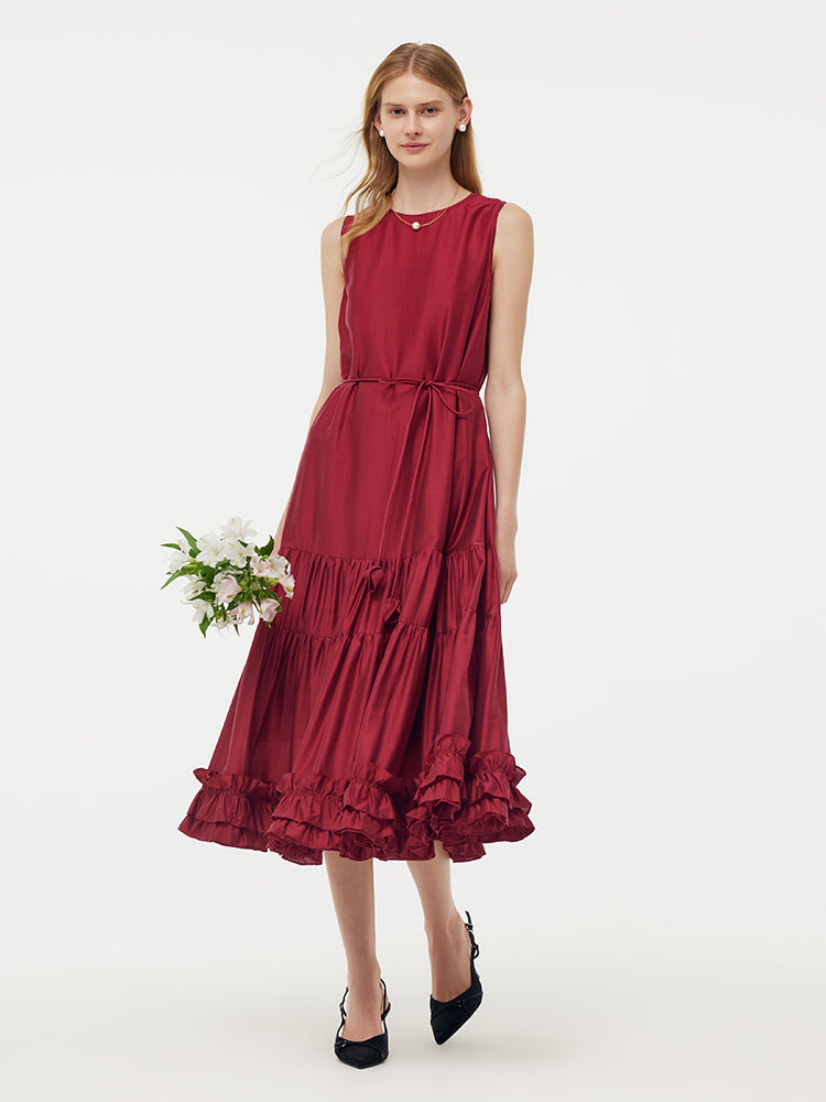 Tencel Kadın Katlı Yelek Midi Elbise Slip Elbise Ve Kemerli