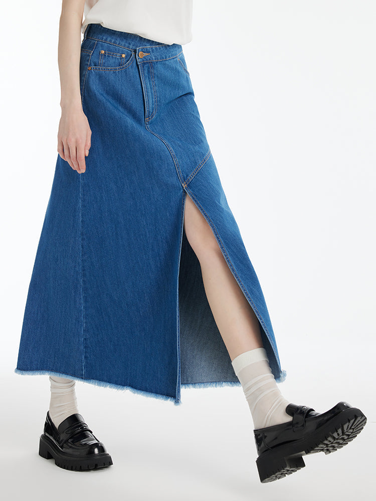 Denim Asimetrik Yırtmaçlı Kadın Etek