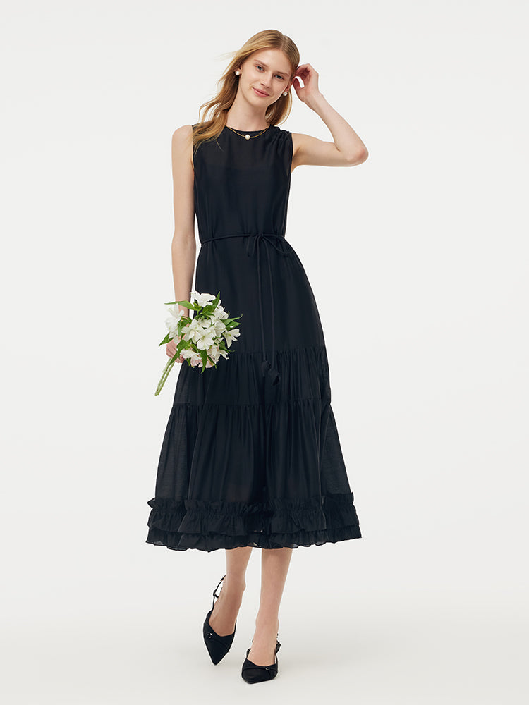 Tencel Kadın Katlı Yelek Midi Elbise Slip Elbise Ve Kemerli
