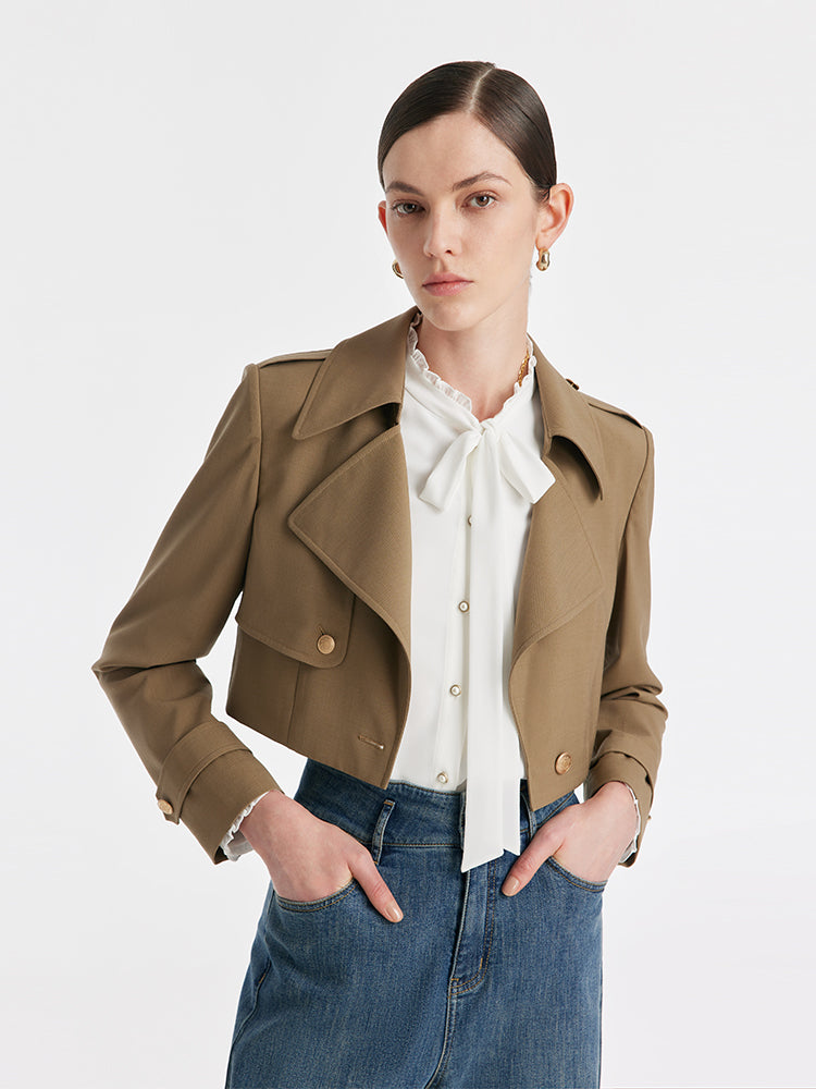 Makinede Yıkanabilir Yün Yaka Kadın Crop Trençkot