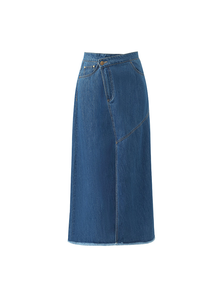 Denim Asimetrik Yırtmaçlı Kadın Etek