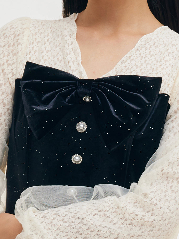 Çıkarılabilir Fiyonklu Kadife Patchwork Kadın Midi Elbise
