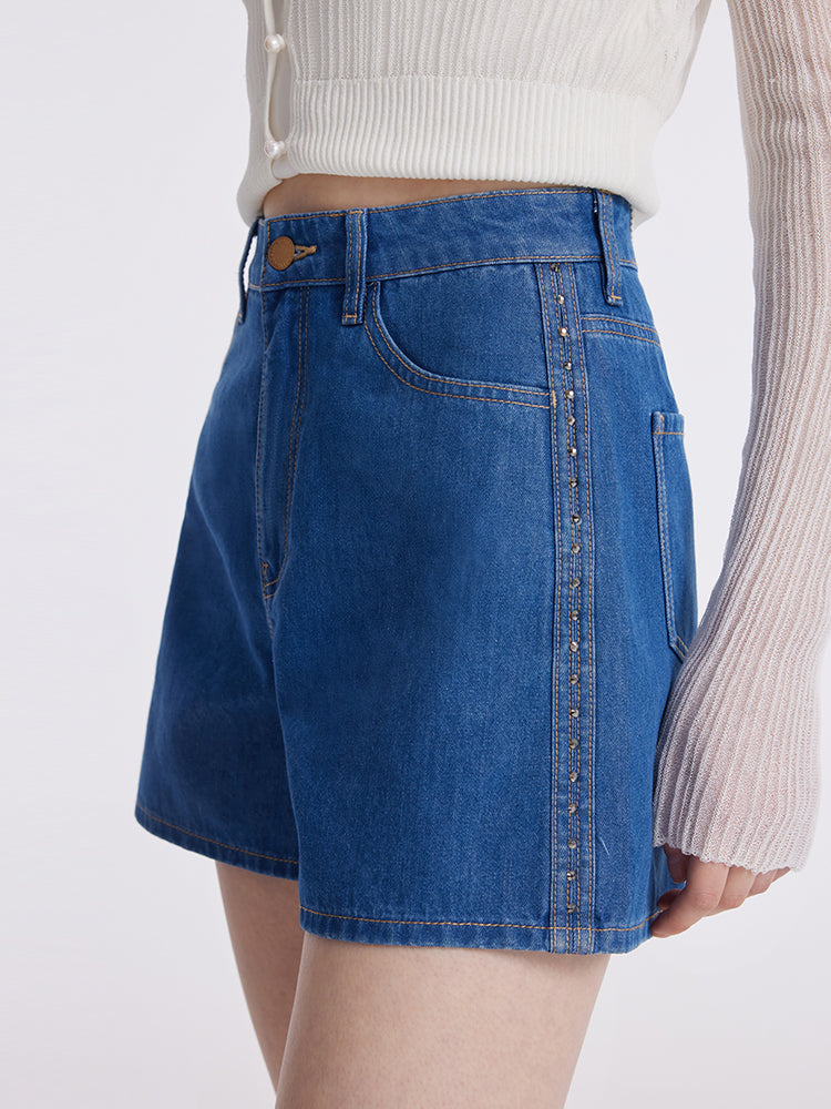 Taşlı Denim A-Line Kadın Şort