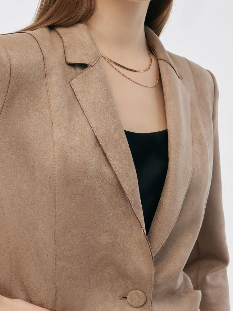 Suni Süet Tek Düğme 3/4 Kol Kadın Blazer