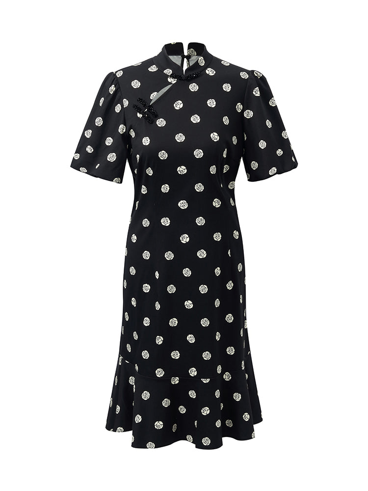 Gül Desenli Puf Kollu Kadın Qipao Mini Elbise