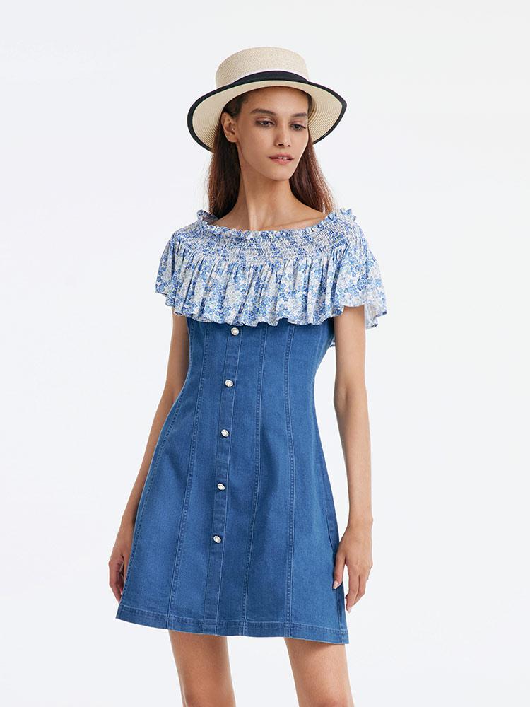 Patchwork Çiçekli Denim Elbise