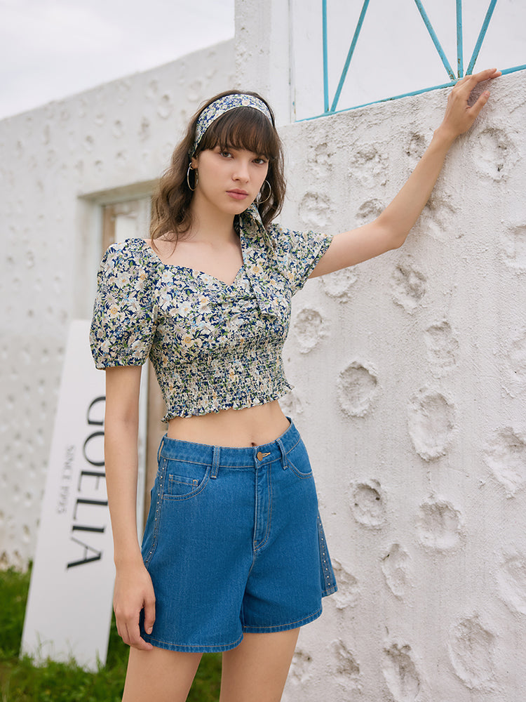 Taşlı Denim A-Line Kadın Şort