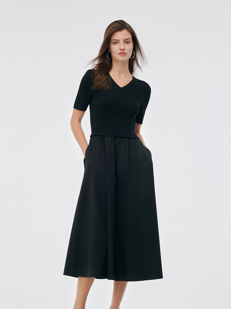 Tencel V Yaka Patchwork Kadın Midi Elbise