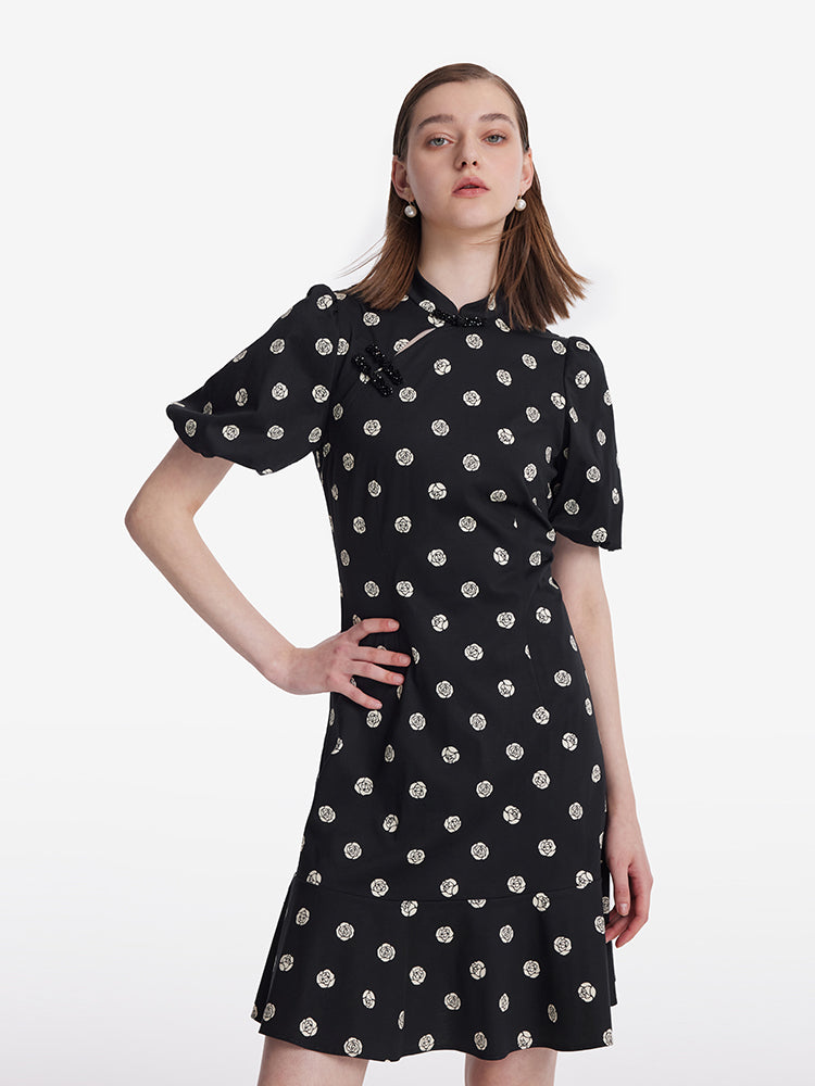 Gül Desenli Puf Kollu Kadın Qipao Mini Elbise