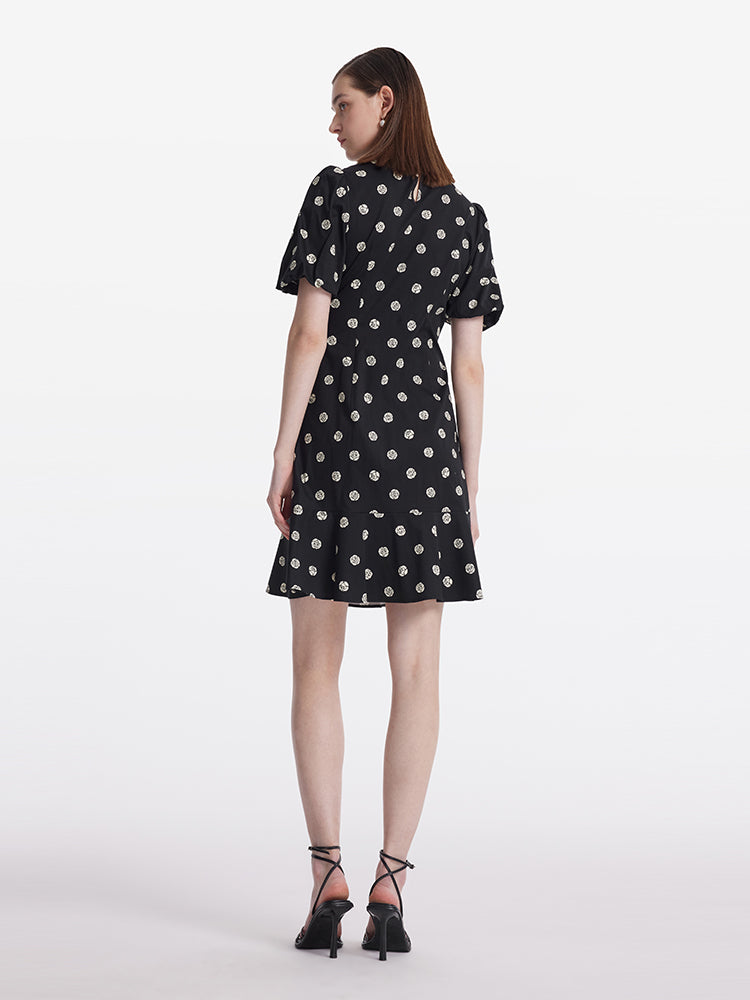 Gül Desenli Puf Kollu Kadın Qipao Mini Elbise