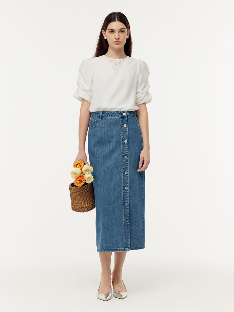 %100 Pamuk Denim Simli Ayarlanabilir Bel Kadın Etek