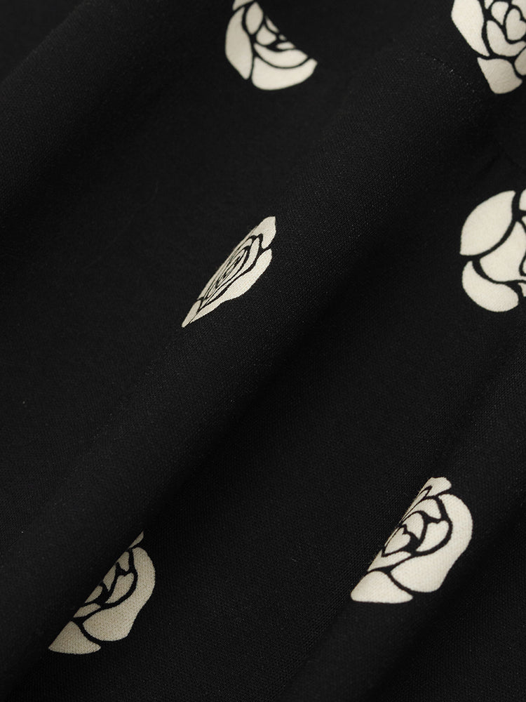 Gül Desenli Puf Kollu Kadın Qipao Mini Elbise