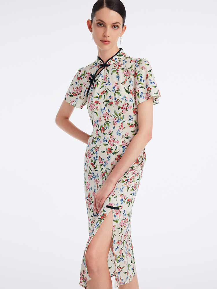 İpek Yırtmaçlı Cheongsam Qipao Midi Elbise