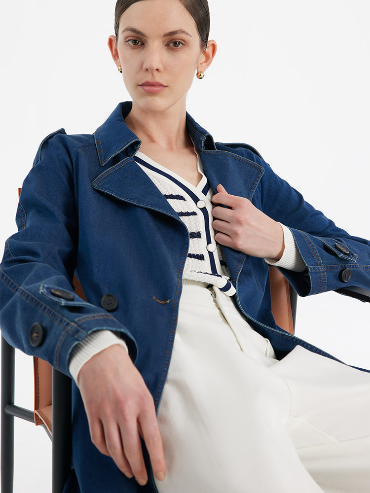 Denim Yaka Kadın Kemerli Trençkot
