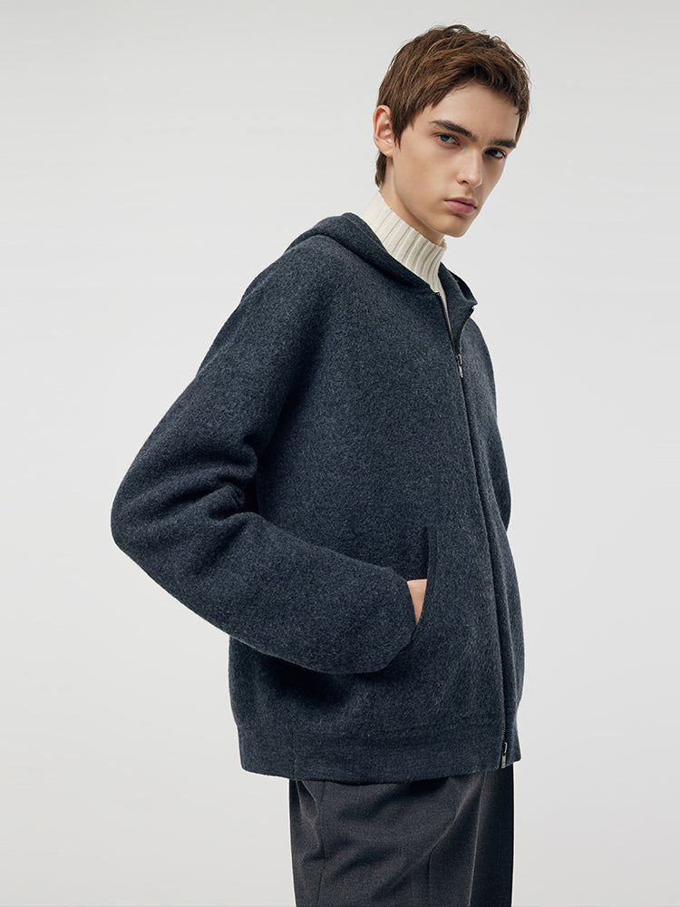 %100 Fırçalanmış Yün Fermuarlı Unisex Kapüşonlu Üst