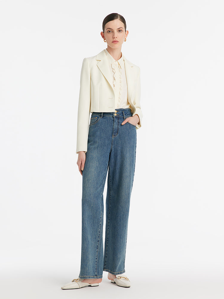 Kamgarn Yün Yaka Kadın Crop Blazer