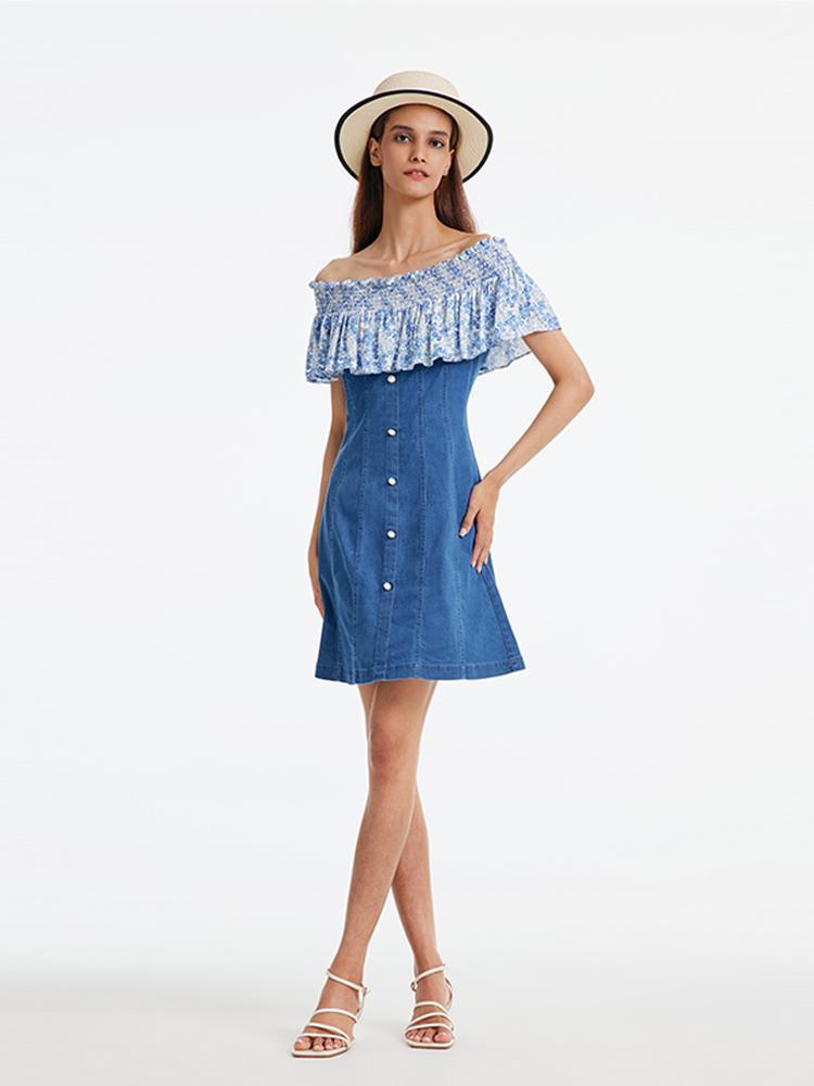 Patchwork Çiçekli Denim Elbise