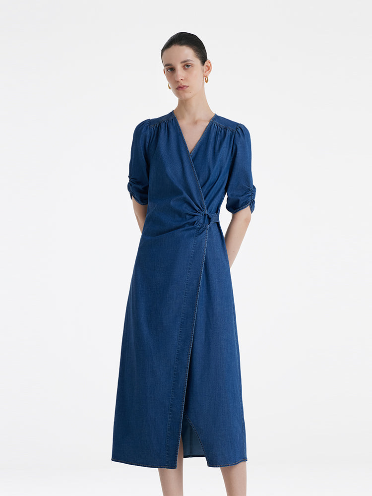 Denim V Yaka Büküm Bel Kadın Midi Elbise