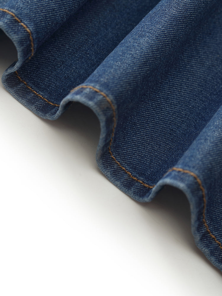 Denim V Yaka Büküm Bel Kadın Midi Elbise