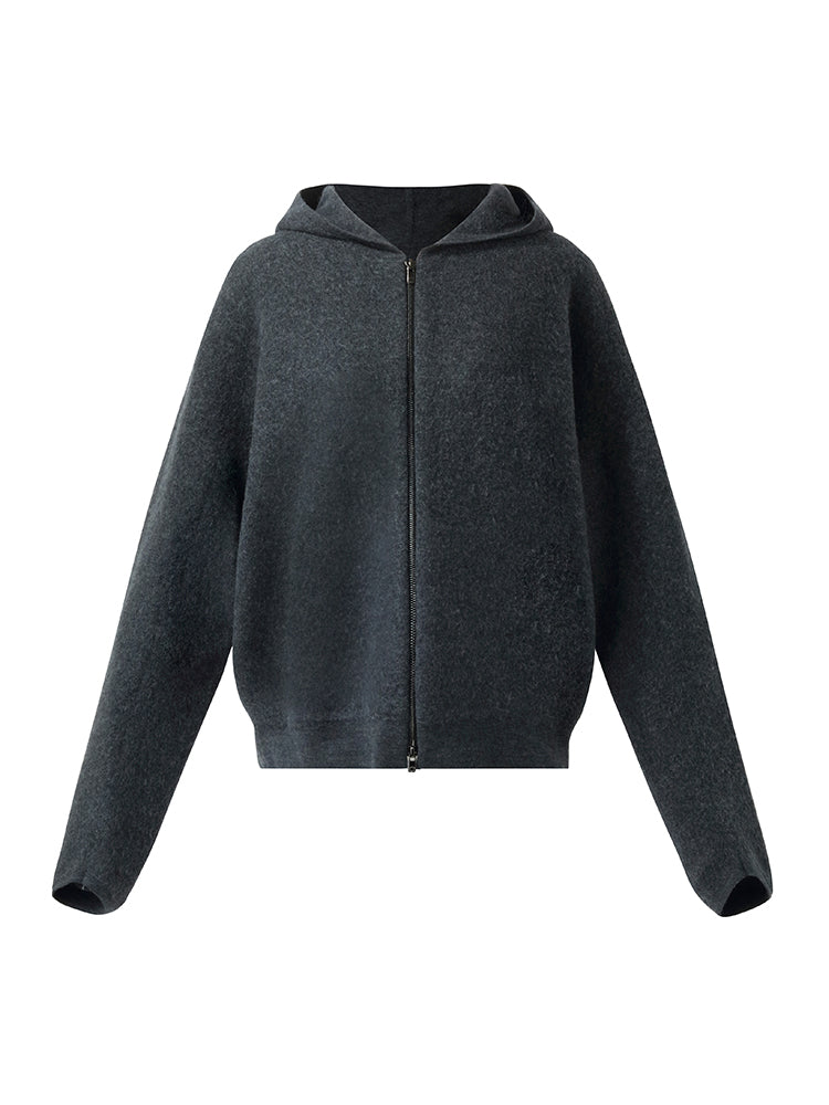 %100 Fırçalanmış Yün Fermuarlı Unisex Kapüşonlu Üst