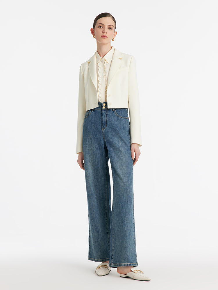 Kamgarn Yün Yaka Kadın Crop Blazer