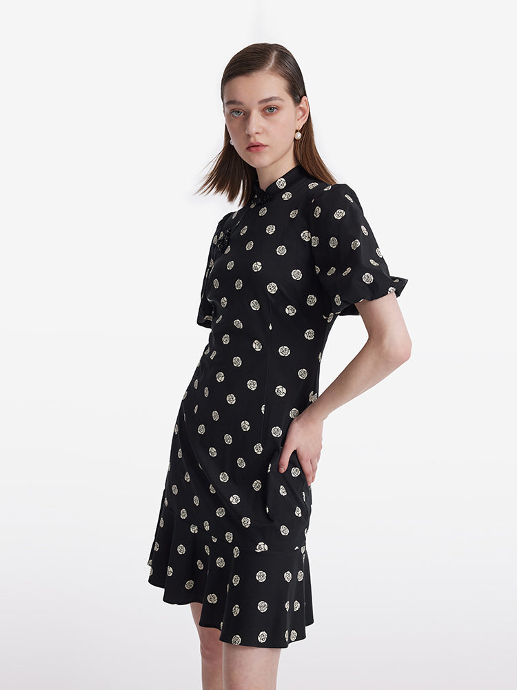 Gül Desenli Puf Kollu Kadın Qipao Mini Elbise