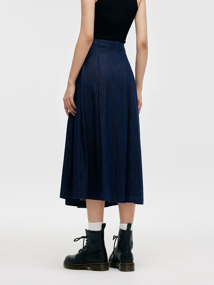 Denim Pileli Kadın Yarım Etek
