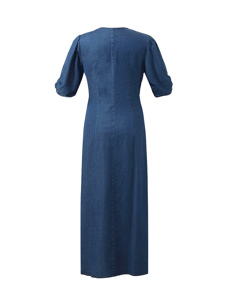 Denim V Yaka Büküm Bel Kadın Midi Elbise