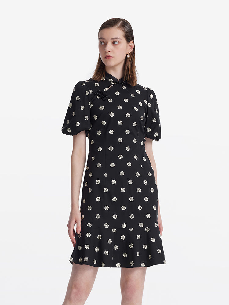 Gül Desenli Puf Kollu Kadın Qipao Mini Elbise