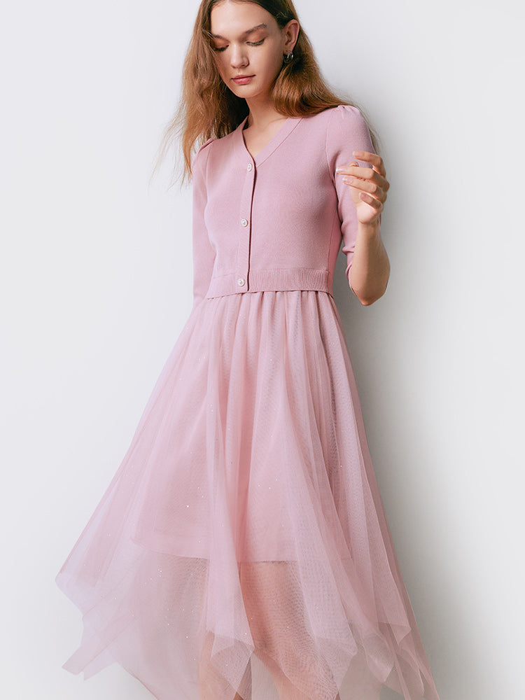 Pembe V Yaka İnce Patchwork Maxi Elbise