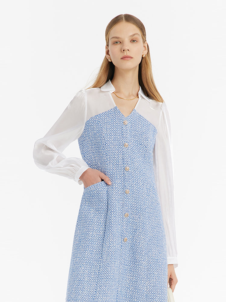 V Yaka Patchwork Tek Göğüslü Kadın Mini Elbise