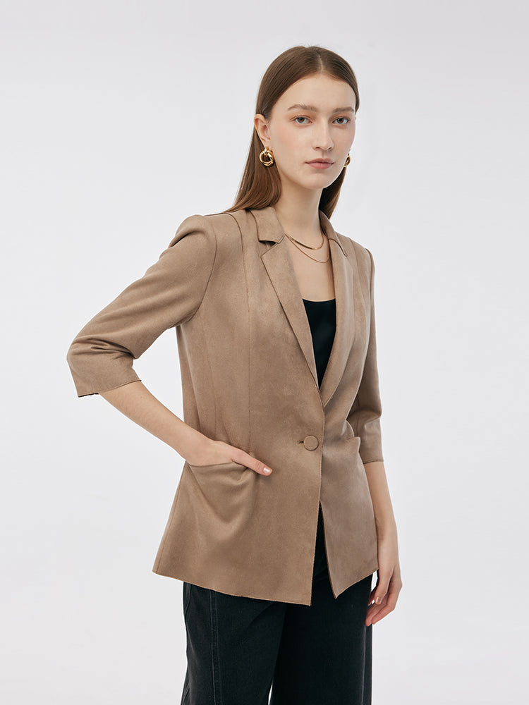 Suni Süet Tek Düğme 3/4 Kol Kadın Blazer