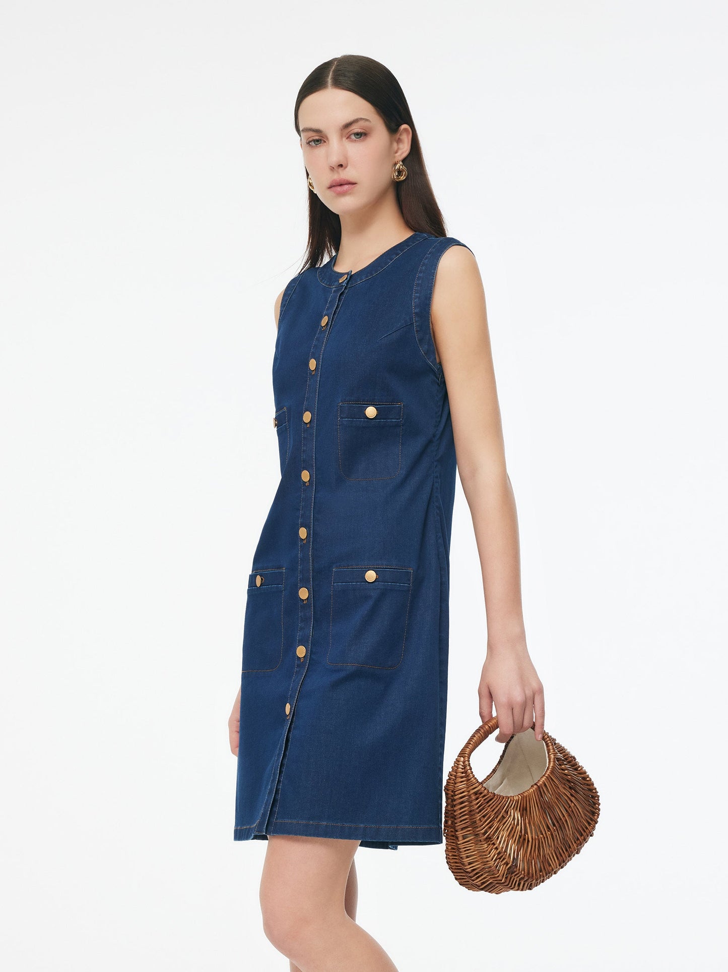 Denim Streç Ön Düğme Kadın Mini Elbise