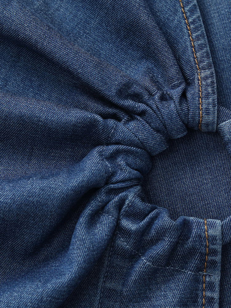 Denim V Yaka Büküm Bel Kadın Midi Elbise