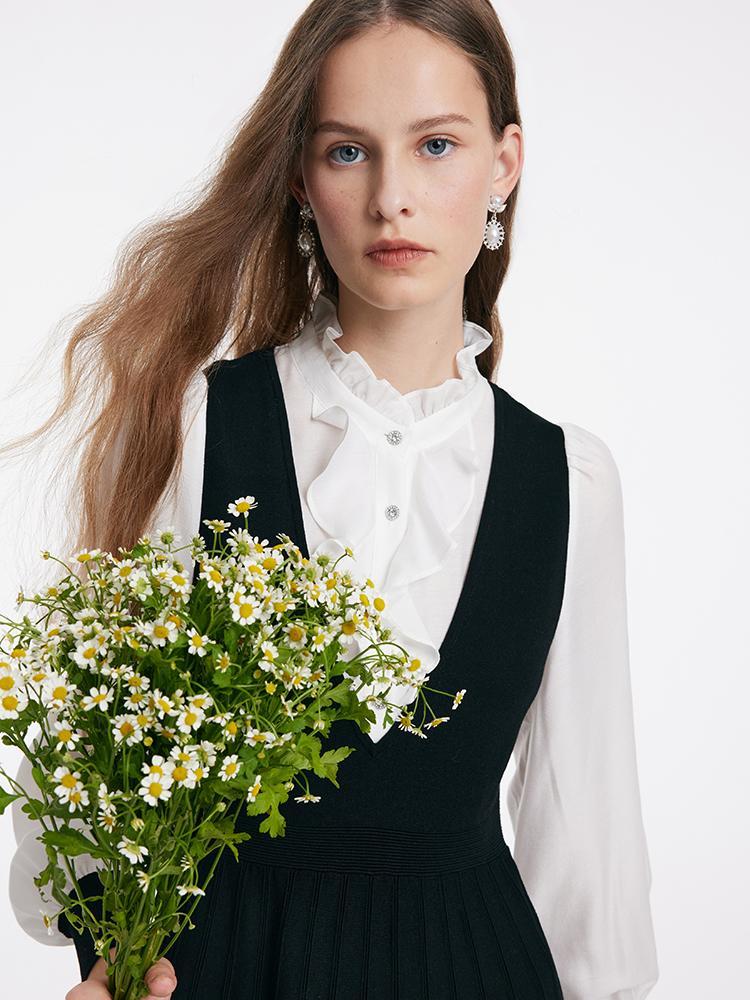 Tencel Blend Patchwork Asetat Midi Kadın Fırfırlı Elbise