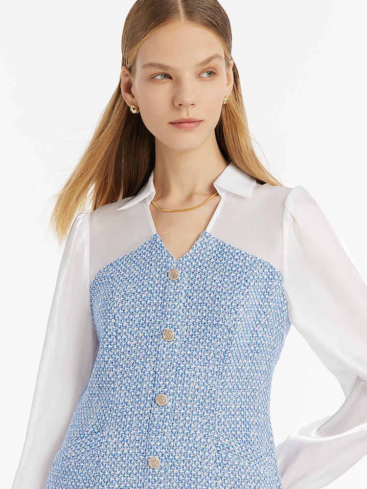 V Yaka Patchwork Tek Göğüslü Kadın Mini Elbise