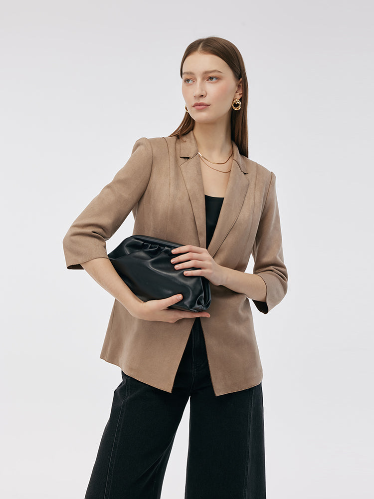 Suni Süet Tek Düğme 3/4 Kol Kadın Blazer