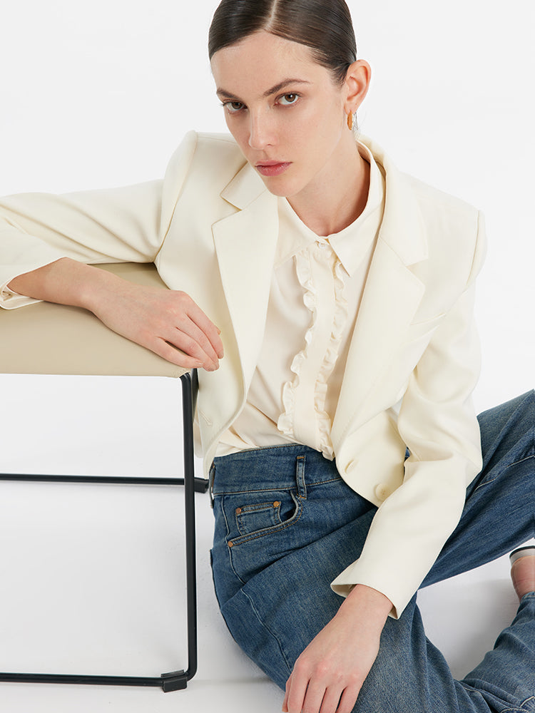 Kamgarn Yün Yaka Kadın Crop Blazer