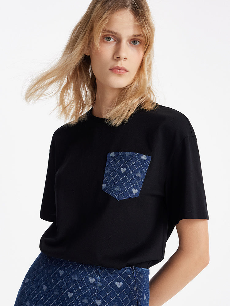 Patchwork Denim Jakarlı Kadın T-Shirt