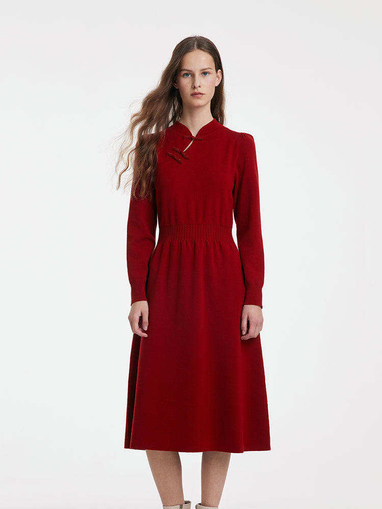Tencel Yün Cheongsam Düğmeli Belden Büzgülü Kadın Qipao Elbise