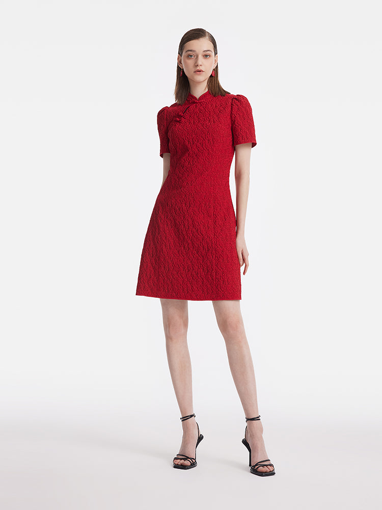 Jakarlı Cheongsam Kadın Qipao Mini Elbise