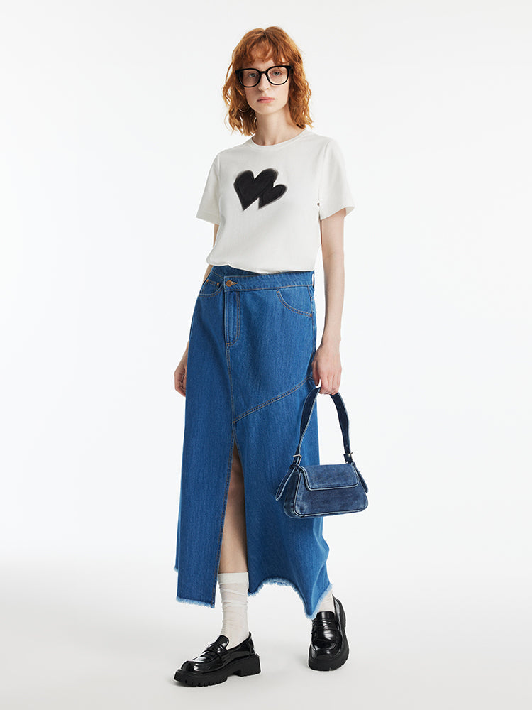 Denim Asimetrik Yırtmaçlı Kadın Etek