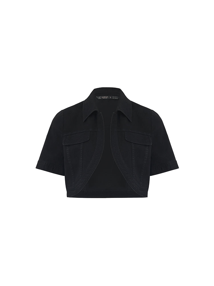 Denim Crop Ceket Ve İris Desenli Spagetti Askılı Midi Elbise İki Parçalı Set