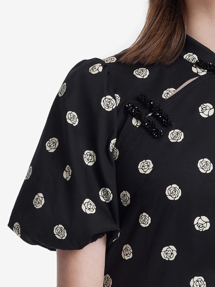 Gül Desenli Puf Kollu Kadın Qipao Mini Elbise