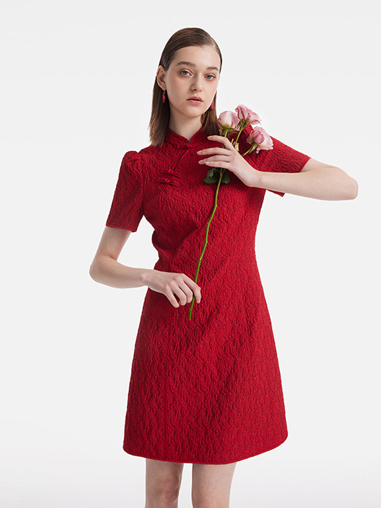 Jakarlı Cheongsam Kadın Qipao Mini Elbise